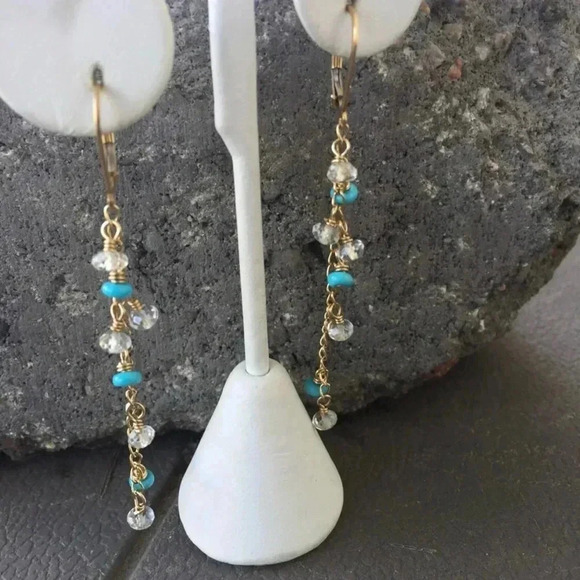 Turquoise Earring, Topaz Earring, Line Earrings, Gold Filled, Natural Turquoise - Picture 3 of 4
